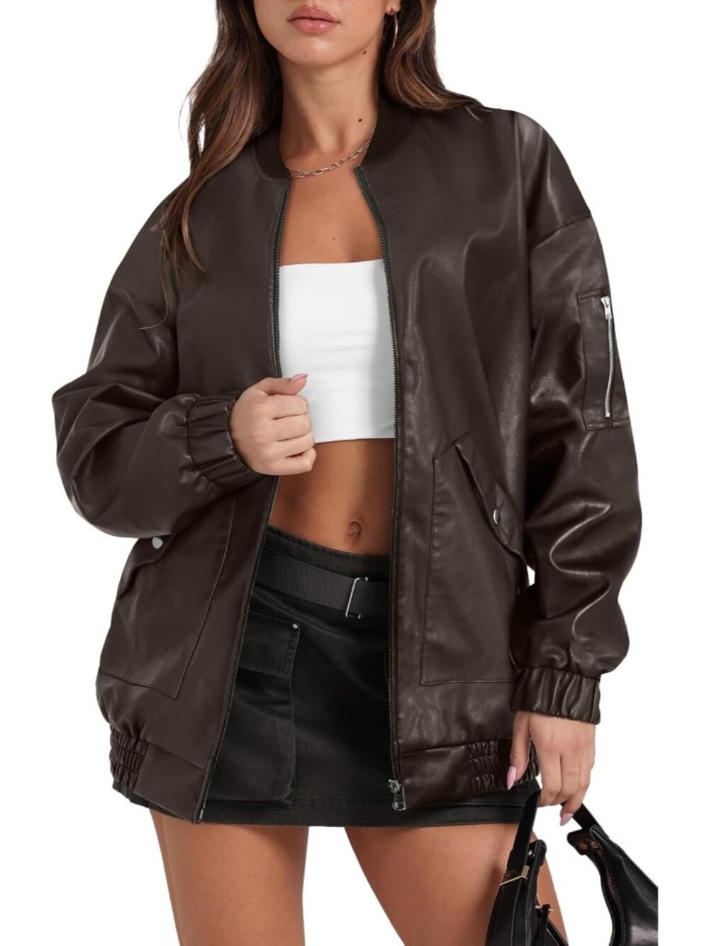 Women's Coffee Leather Jacket Oversized Motorcycle Bomber Fall Fashion Coats